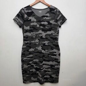 Duluth Trading Co Womens Gray Camo V-Neck Short Sleeve Pockets Dress Small